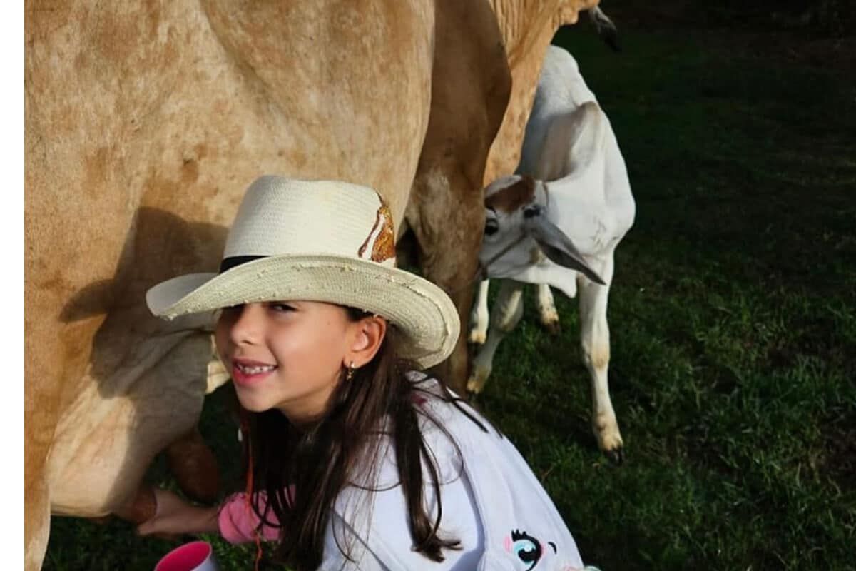 Menina de chapéu de palha sorrindo agachada ao lado da vaca durante a ordenha, com o bezerro logo atrás no pasto.