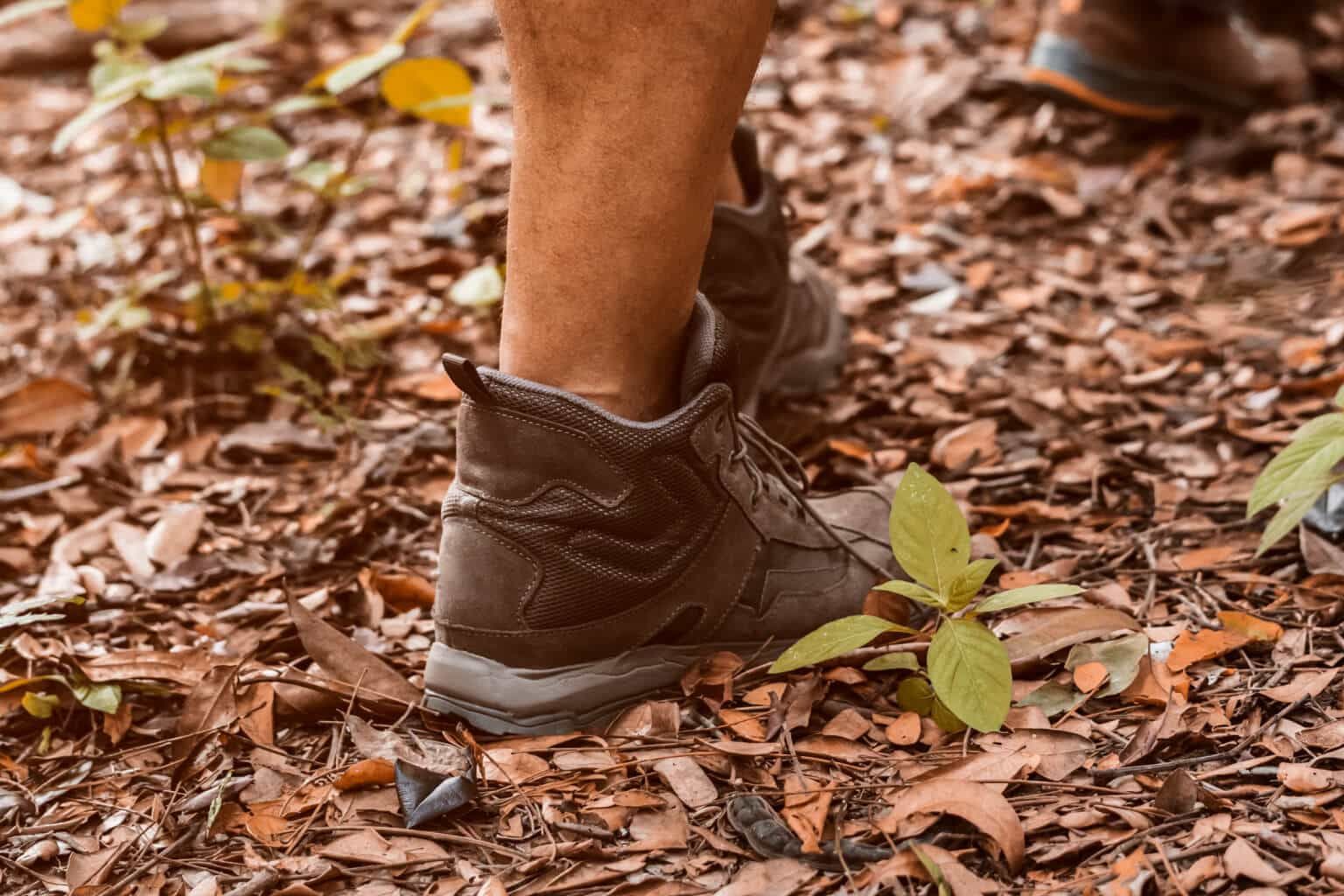 Caminhante de bota atravessando um trecho de trilha coberto de folhas secas.